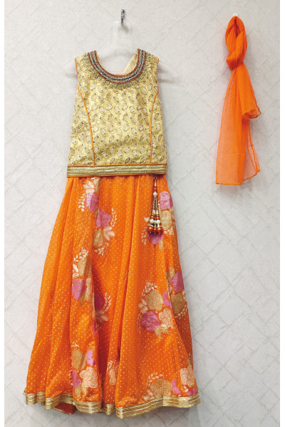 Silk Kids Lehenga With Embroidery And Stone Work On The Top And Fabric Work On The Bottom (KR29)